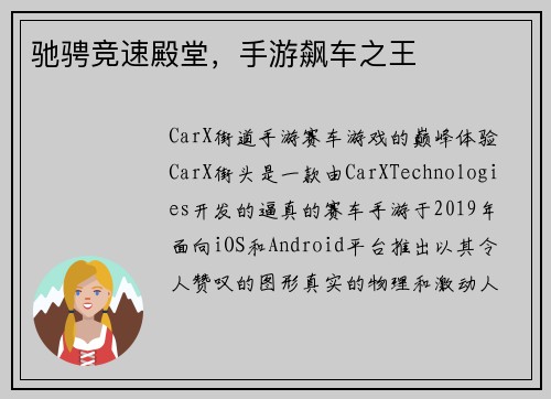 驰骋竞速殿堂，手游飙车之王